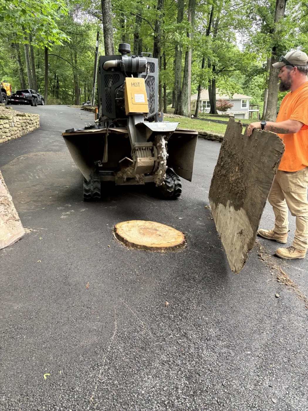 Operator grinding the leftover stump flush with the driveway using a stump grinder
