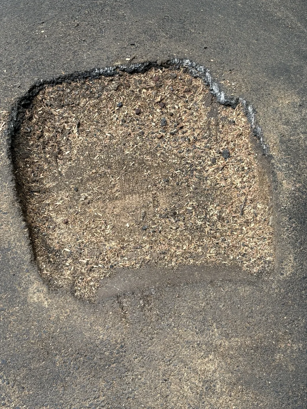 Clean ground-out stump area filled level with grindings — driveway good as new